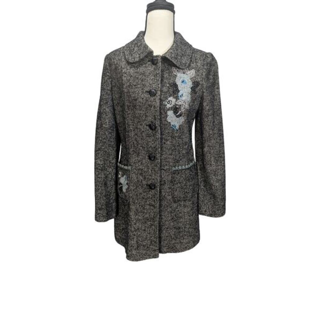 Chaber Wool Silk Embroidered Tweed Longline Coat Gray Blue Size‎ S